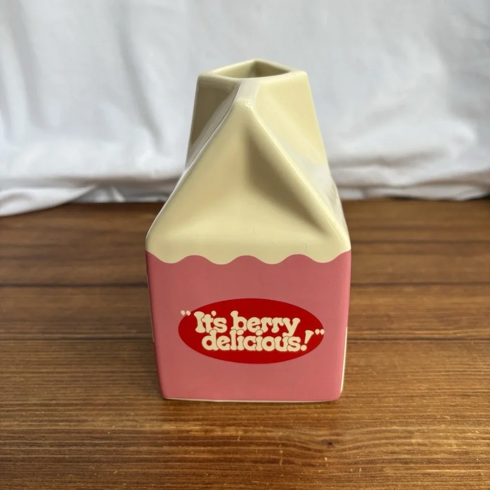 ban.do Strawberry Milk Carton Ceramic Vase Pink Kawaii Desk Decor Holder